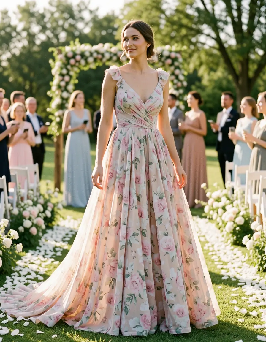 Elegant floral maxi dress in pastel colors for wedding guest