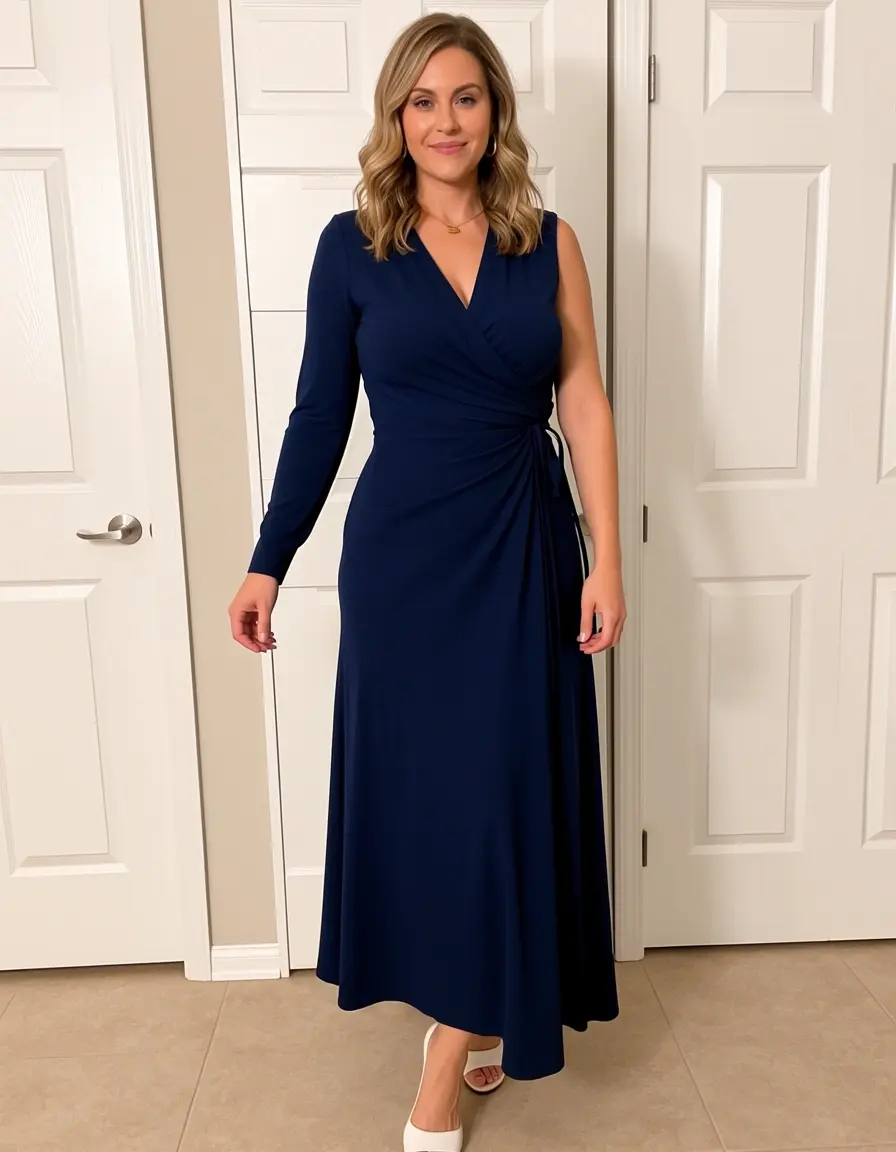 Stylish midi wrap dress in navy blue for guest attire