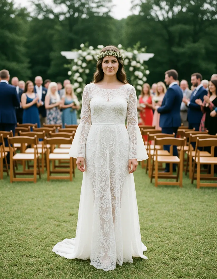 Bohemian lace dress with bell sleeves for outdoor wedding