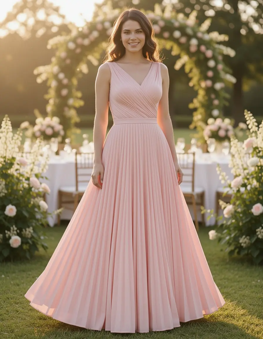 Pleated midi dress in soft pink for formal wedding