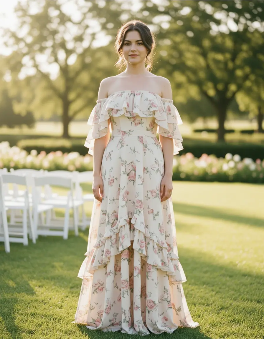 Off-shoulder dress with ruffles for summer wedding