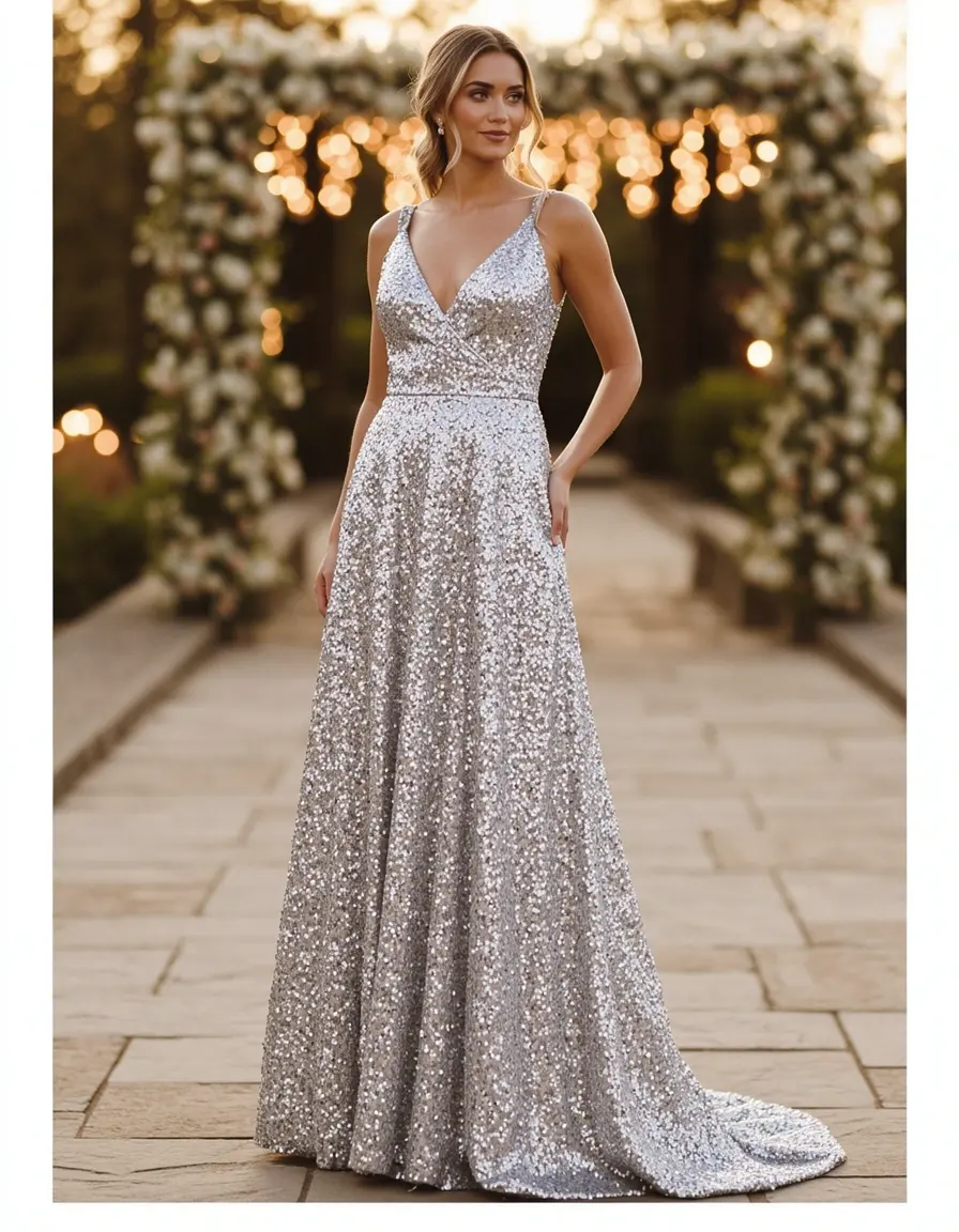 Sparkly sequin cocktail dress in silver for evening wedding