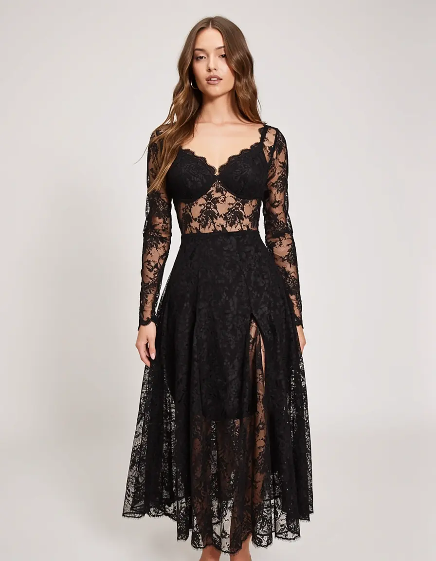 Elegantes schwarzes Spitzenkleid mit transparenten Details