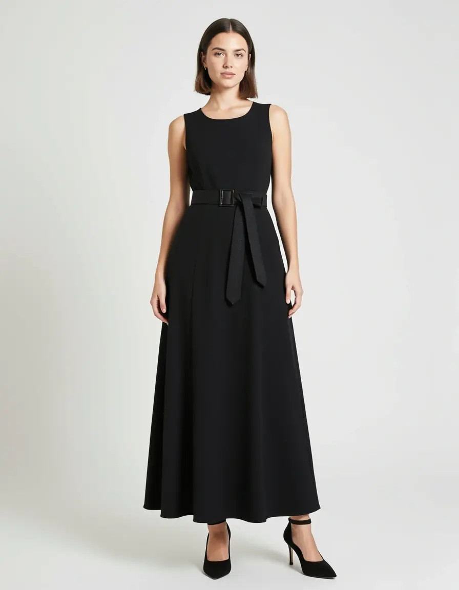 Klassisches schwarzes Midikleid mit Gürtel