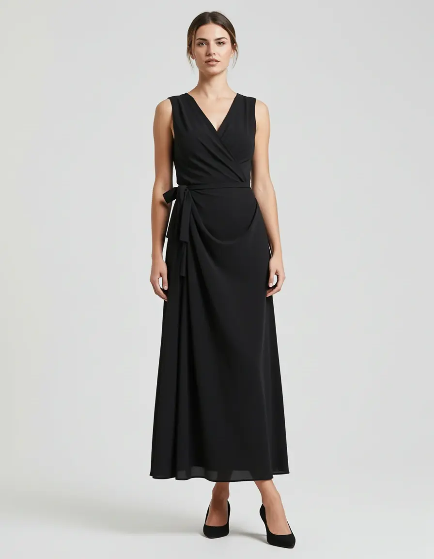 Schwarzes Wickelkleid aus Crepe-Stoff