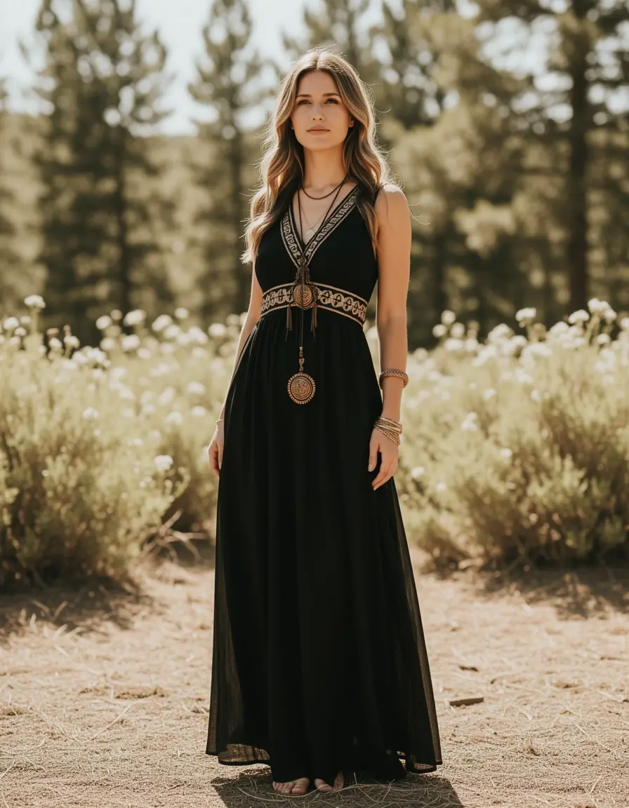 Fließendes schwarzes Maxikleid im Boho-Stil