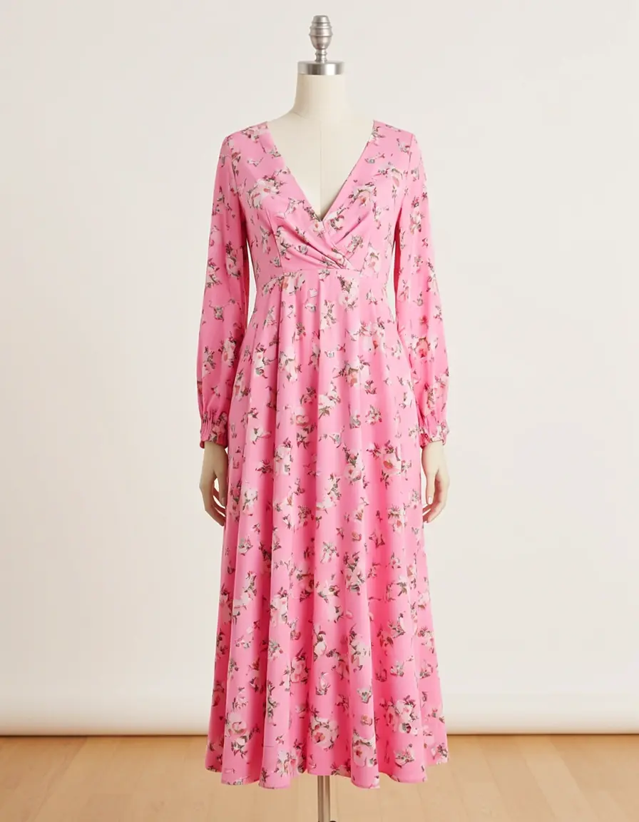 Floral Wedding Guest Midi in pink mit V-Ausschnitt