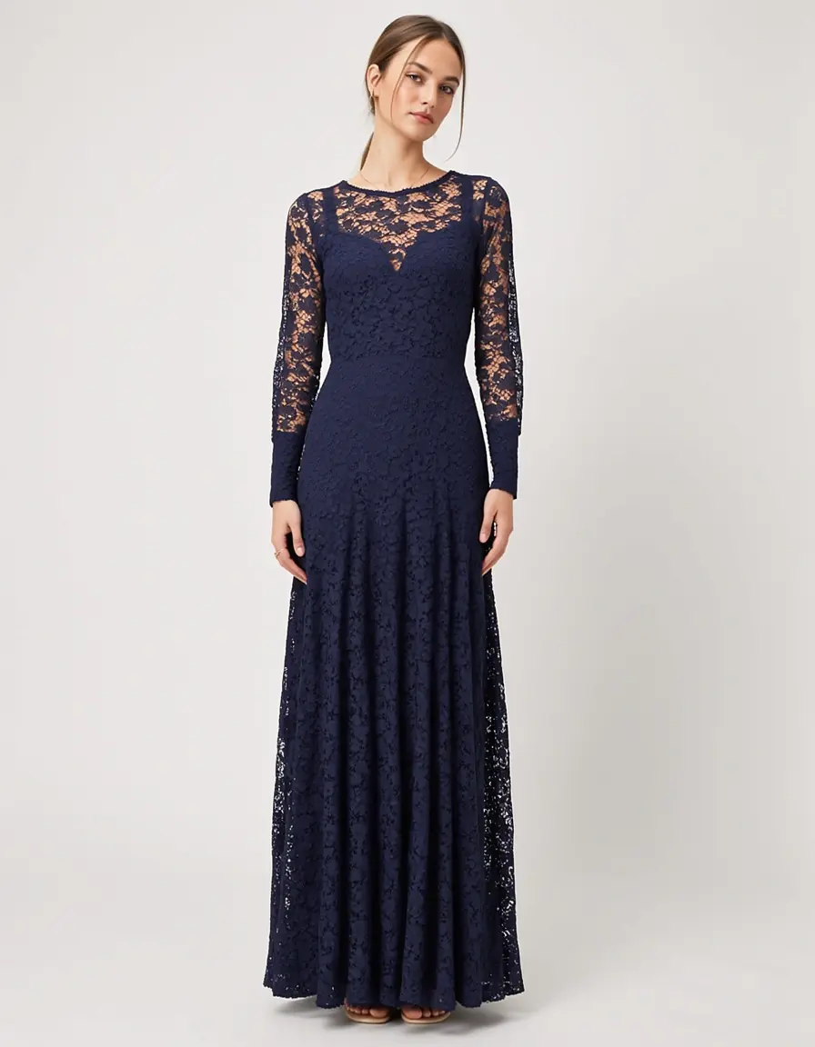 Lace Guest Maxi Dress in navy mit Ärmeln