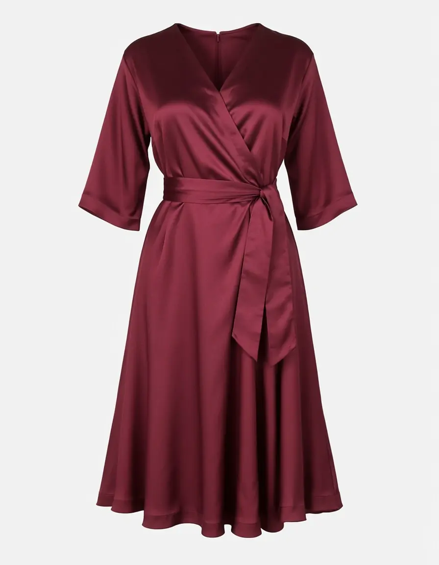 Satin Guest Wrap Kleid in bordeaux mit Gürtel