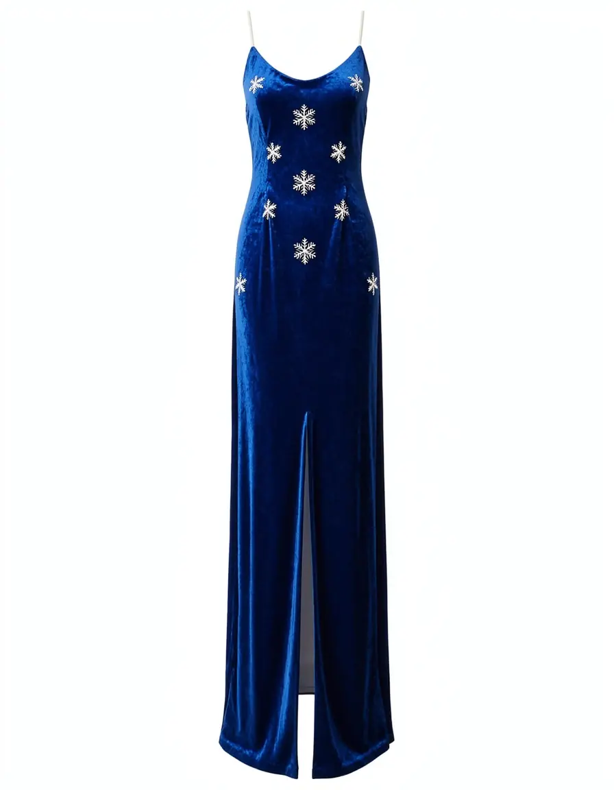 Blaues Samtkleid mit Schlitz