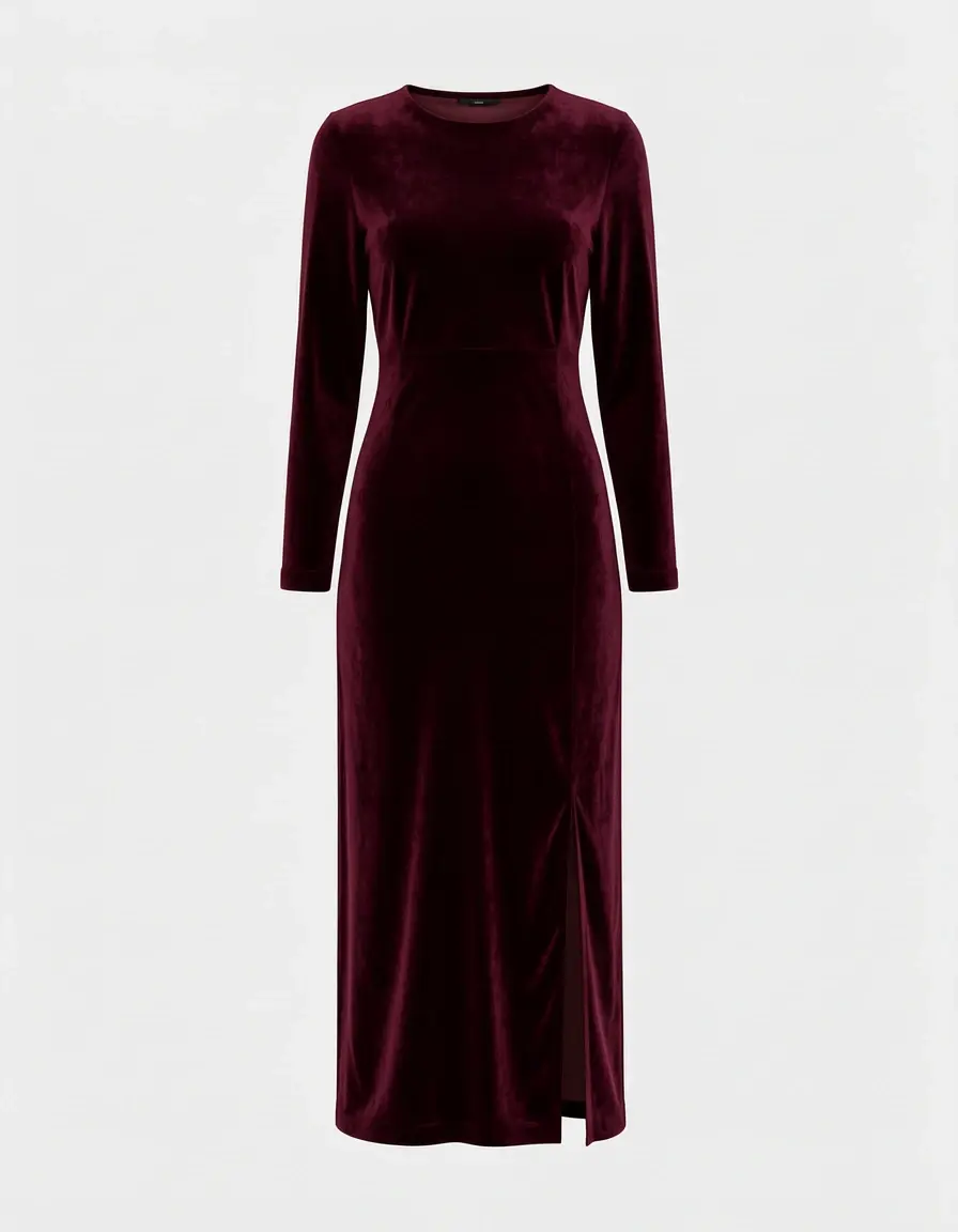 Burgunderrotes Samtkleid mit Schlitz und langen Ärmeln