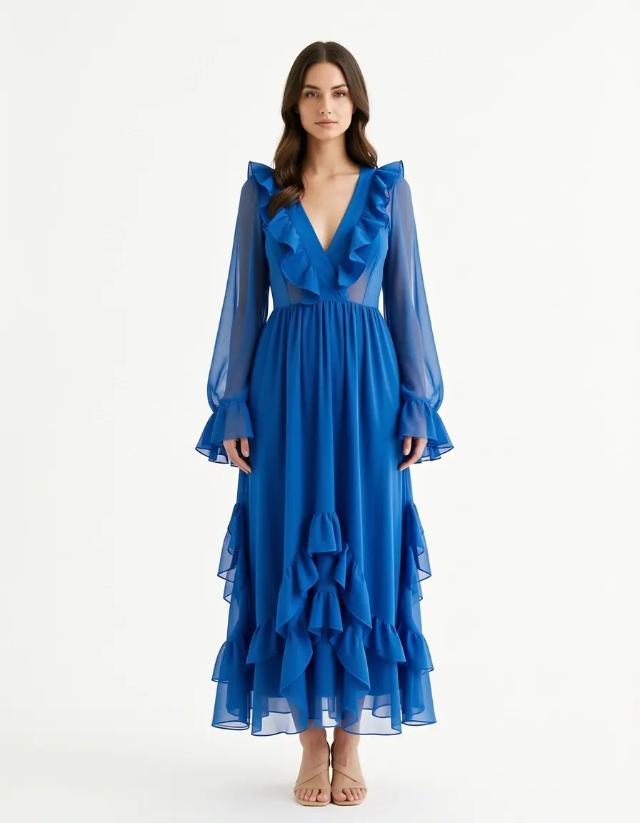 Blaues Chiffonkleid mit Rüschen festlich