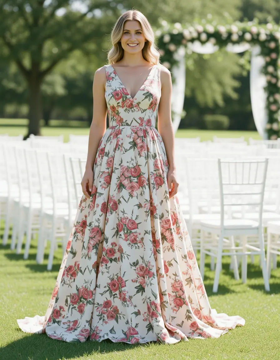 Midi Wedding Guest Dress Floral V-Neck