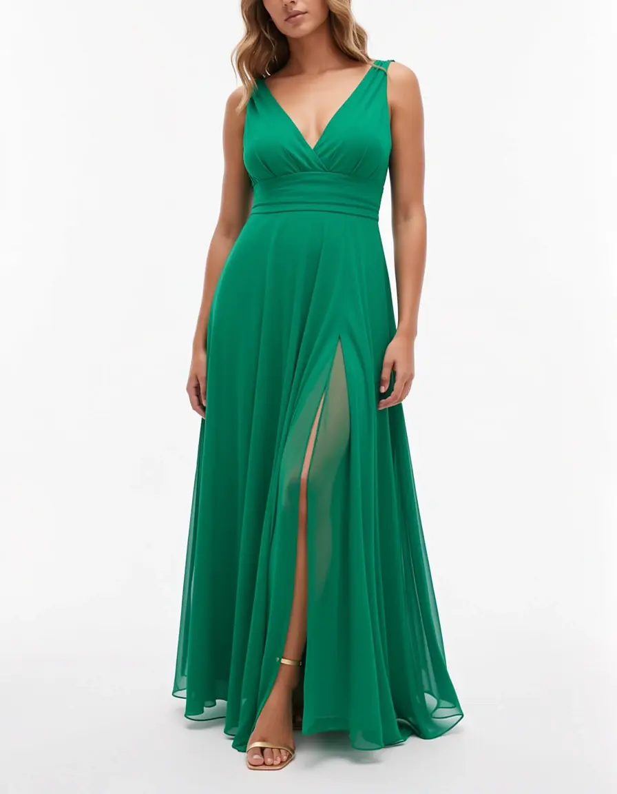 A-Line Guest Chiffon Dress Green Slit