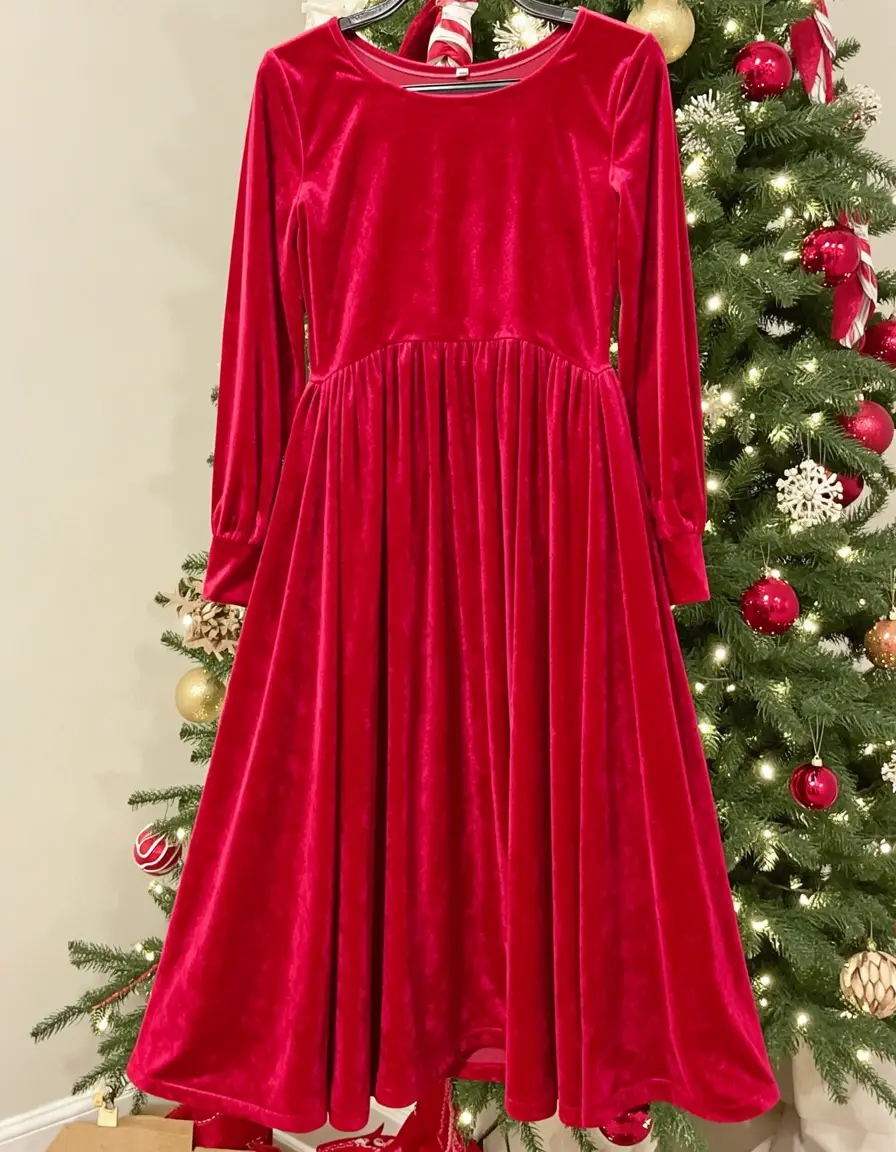 Rotes Samtkleid für Weihnachten mit langen Ärmeln