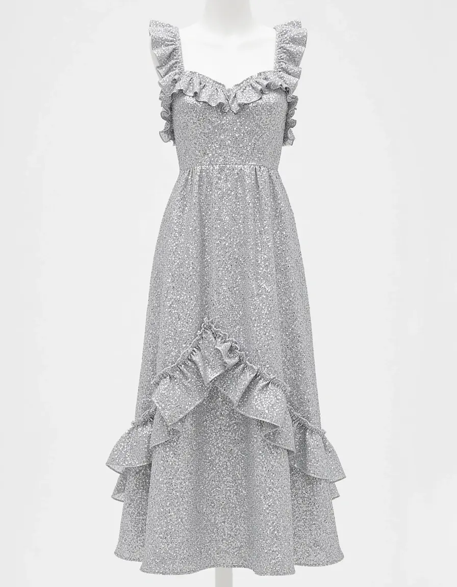 Silbernes Glitzerkleid mit Rüschen