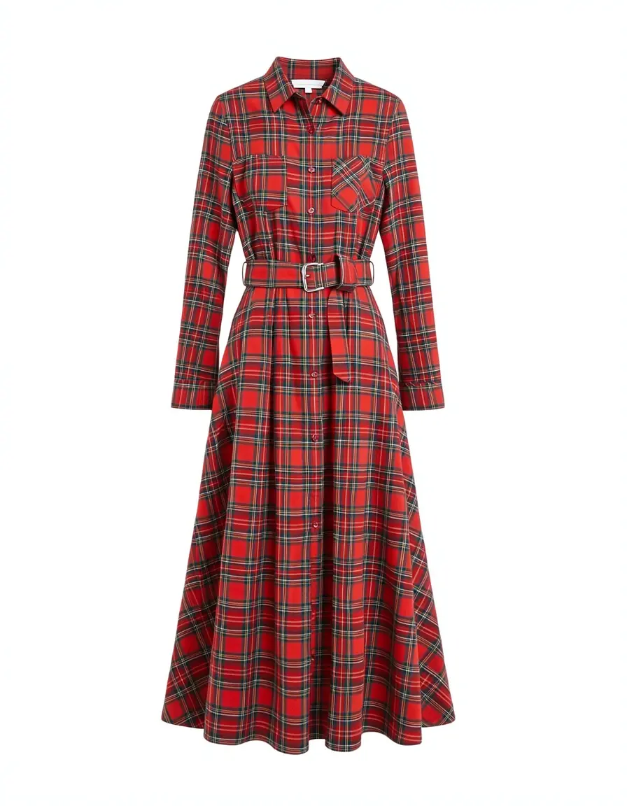 Kariertes Weihnachts-Midikleid mit Gürtel