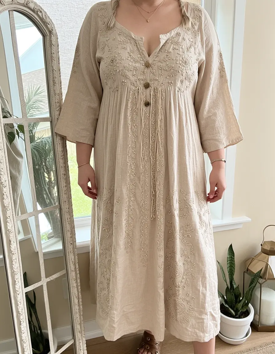 Outlet Boho Dress in Beige mit Bestickung