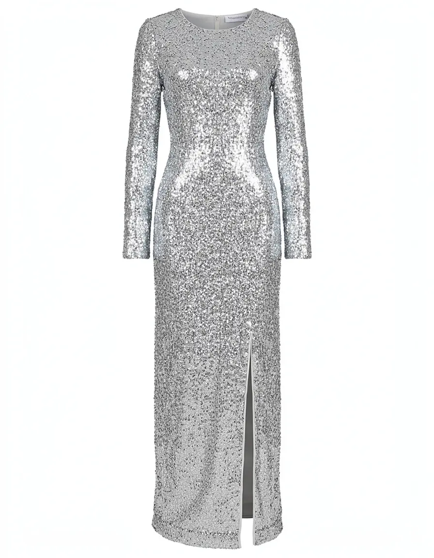 Langes silbernes Paillettenkleid mit Schlitz