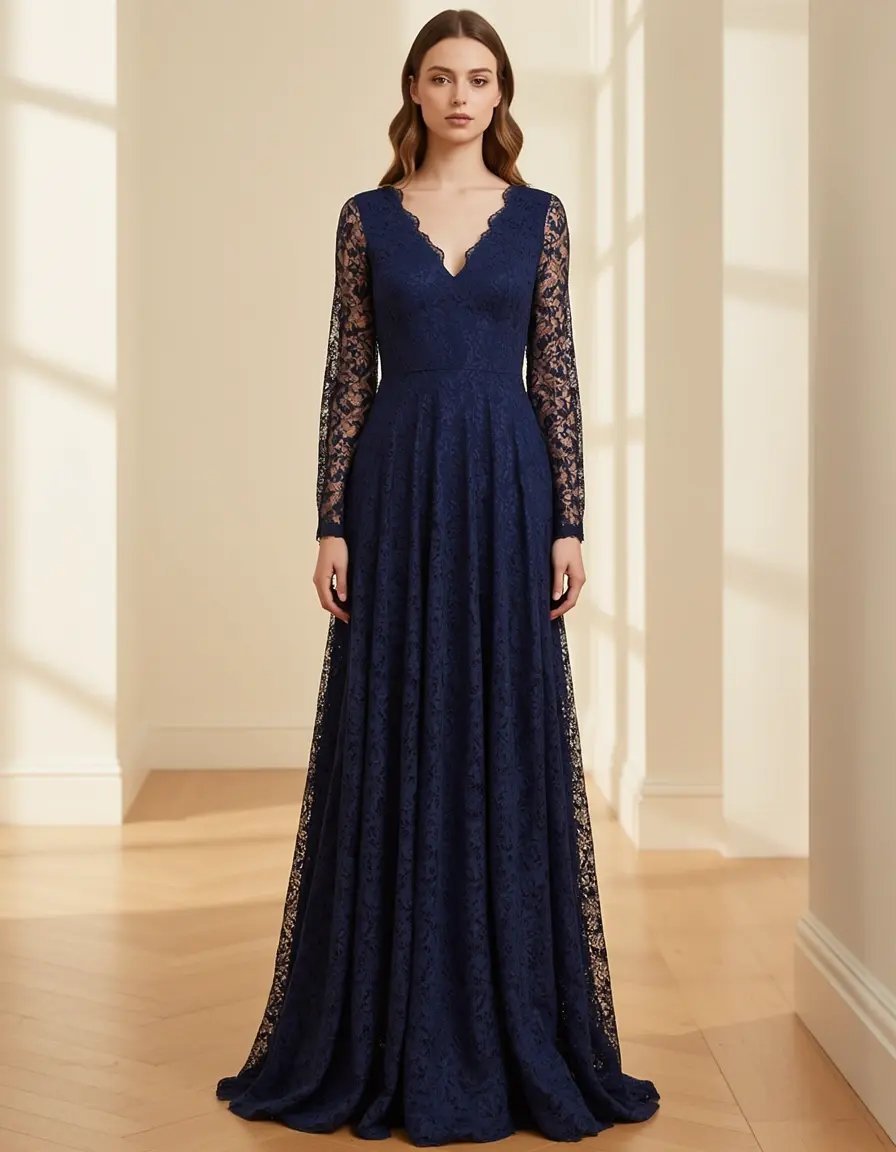 Dunkelblaues Spitzen-Abendkleid mit Ärmeln