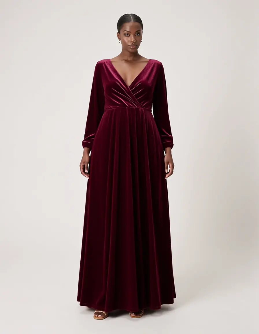 Langes burgunderrotes Samtkleid mit V-Ausschnitt