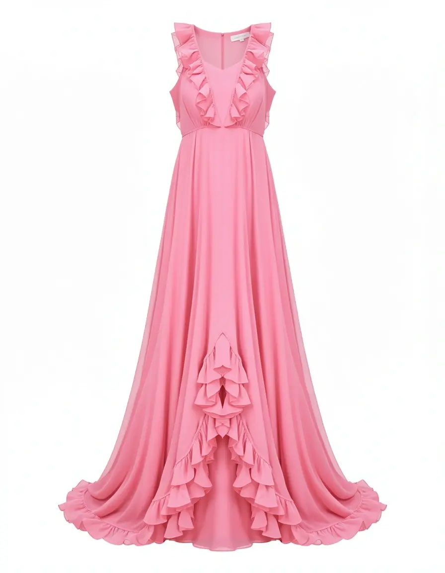 Rosafarbenes Chiffonkleid mit Rüschen
