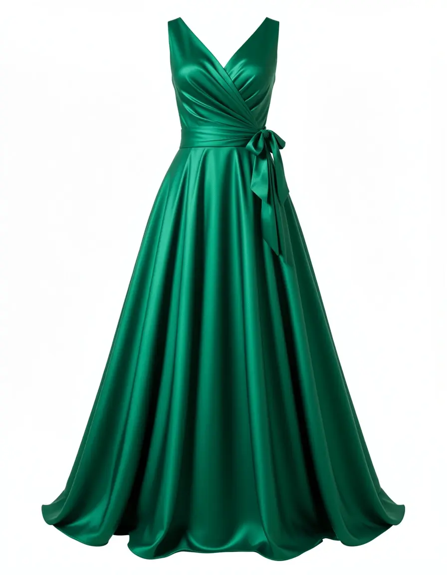 Grünes Satin-Abendkleid im Wickellook