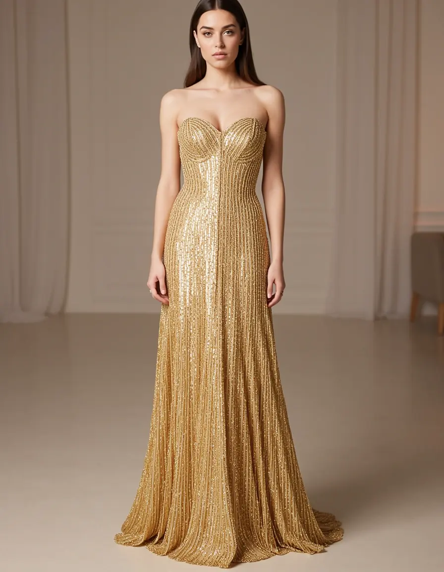 Goldenes besticktes Kleid mit Herz-Ausschnitt