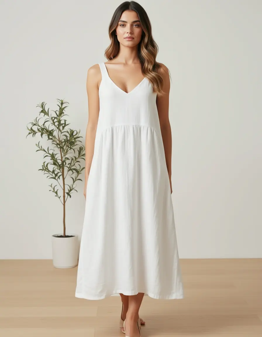 Weißes Leinen Sommerkleid Damen Midi