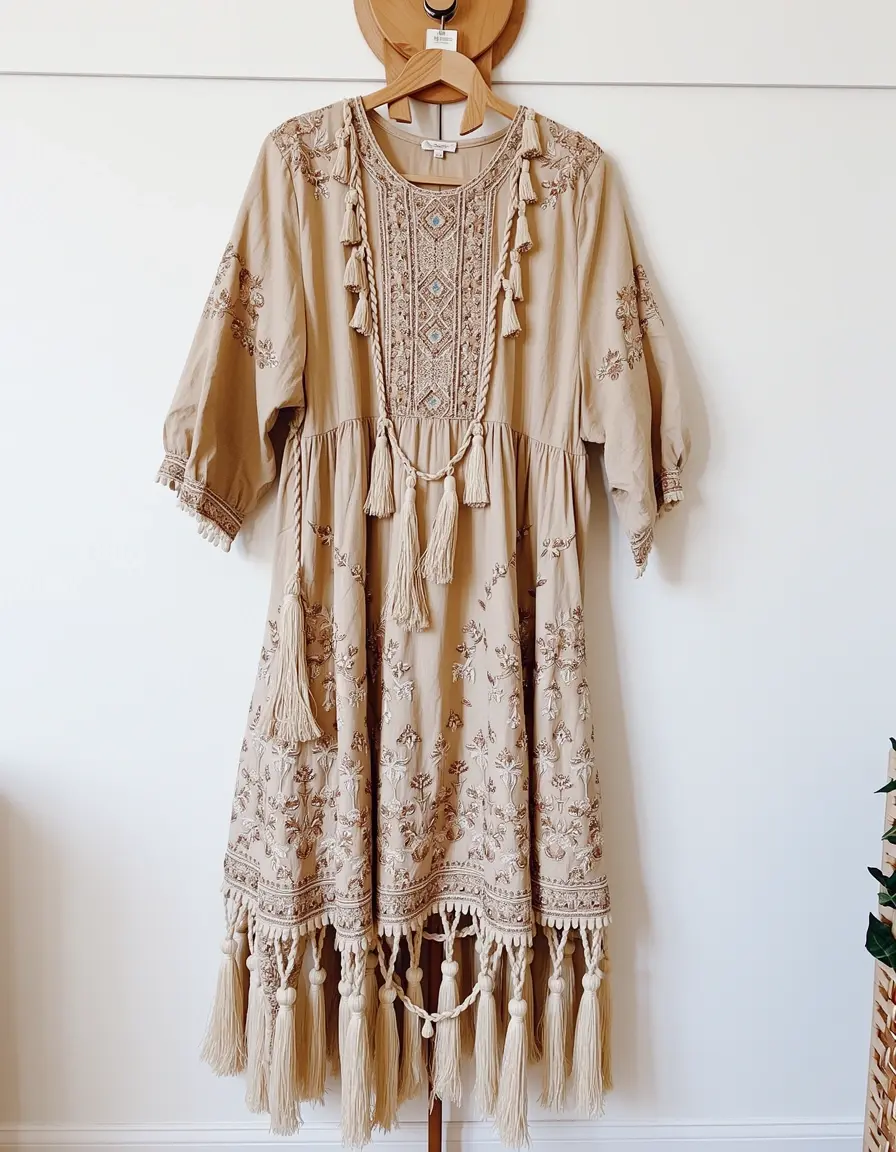 Boho Embroidered Dress in beige mit Quasten