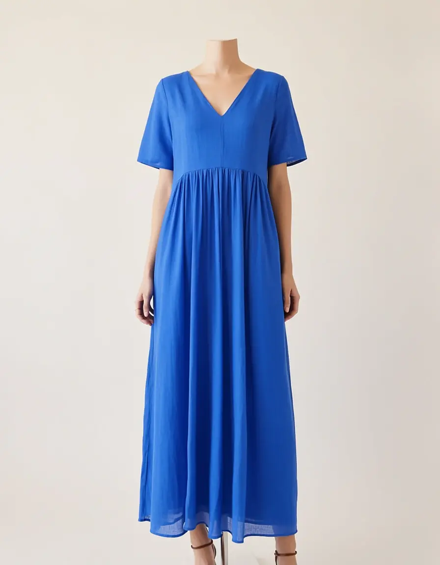 Blaues Musselin Midi Kleid mit V-Ausschnitt