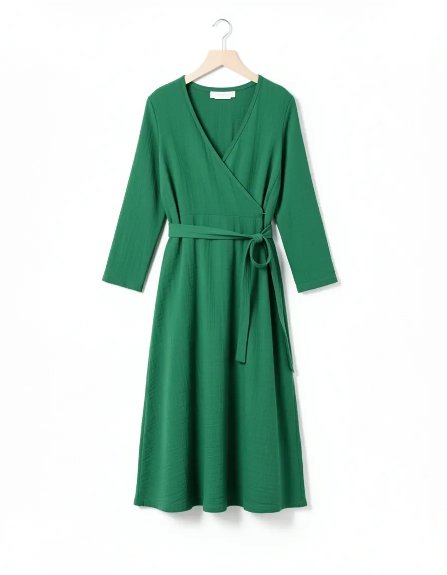 Grünes Musselin Wickelkleid mit Gürtel