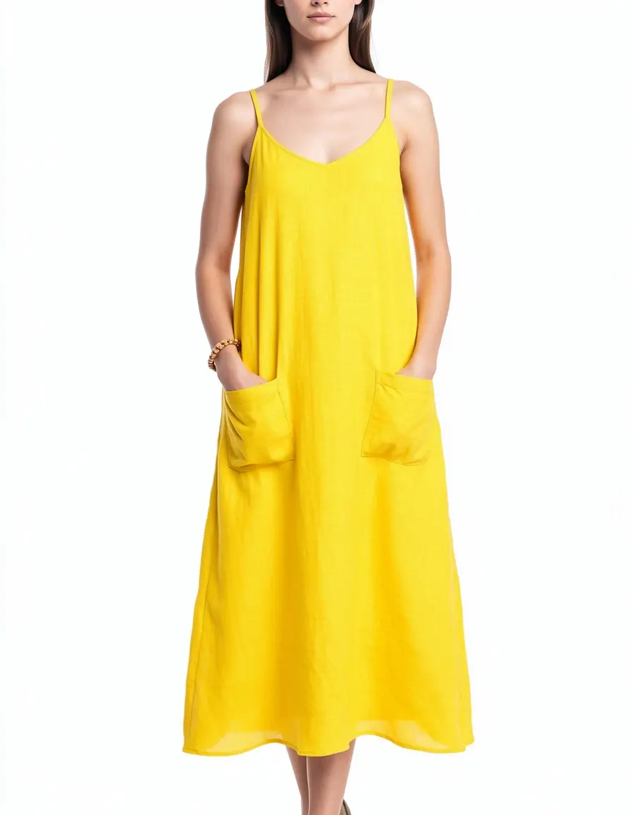 Gelbes Musselin Shift-Kleid mit Taschen