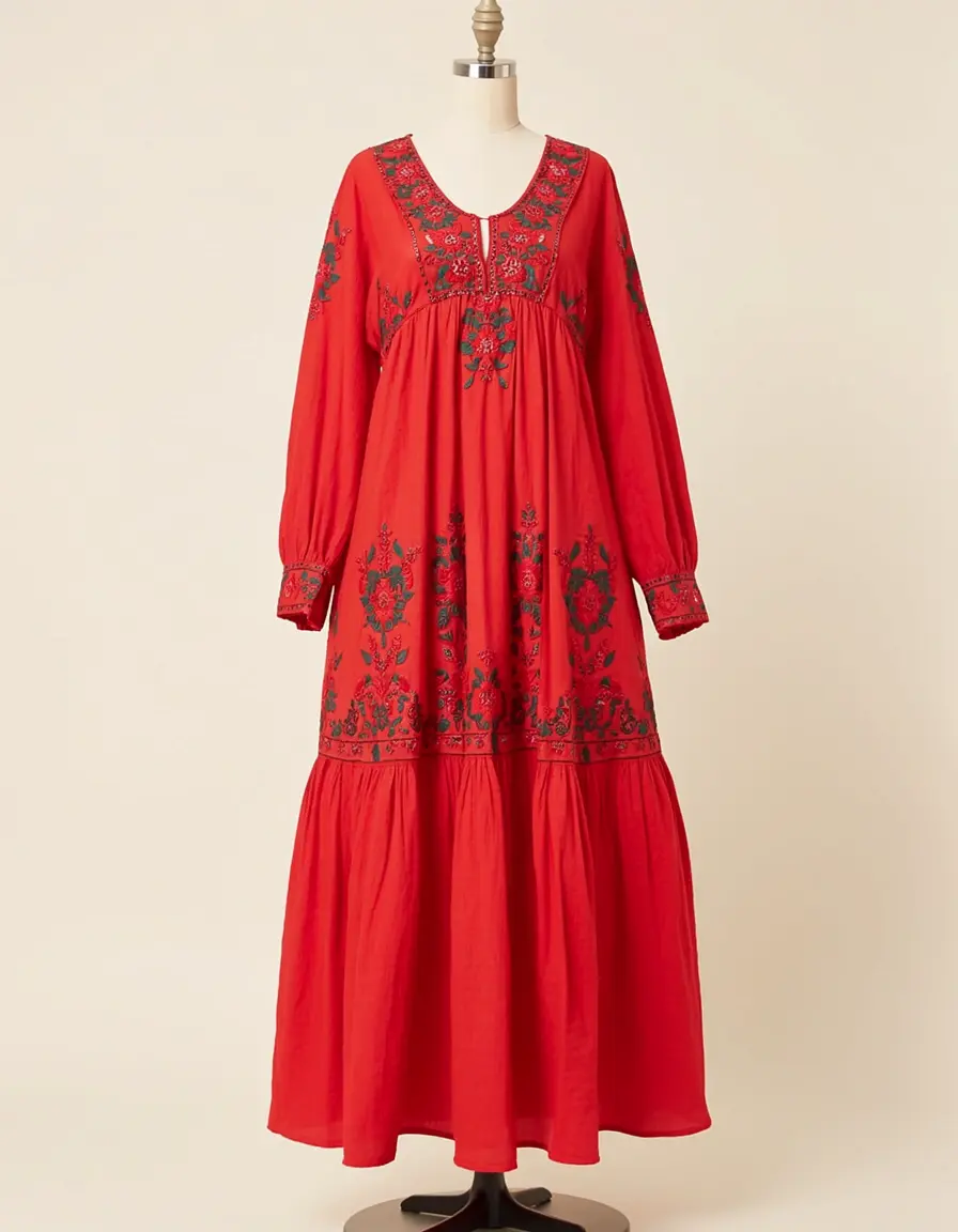 Rotes Musselin Boho Kleid mit Stickerei