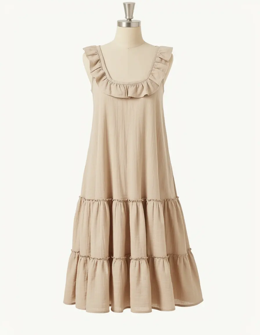 Beiges Musselin A-Linien Kleid mit Volants