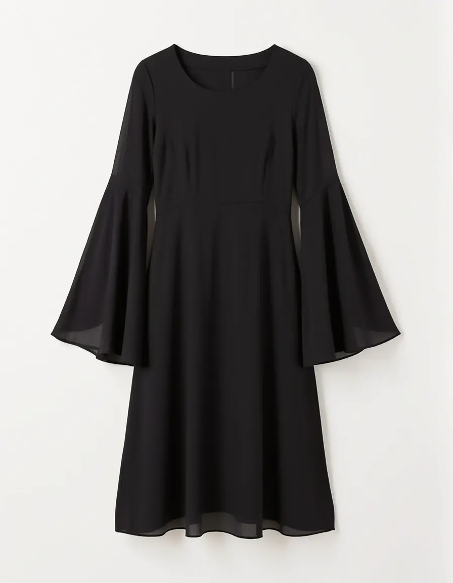 Schwarzes Musselin Minikleid mit Glockenärmeln