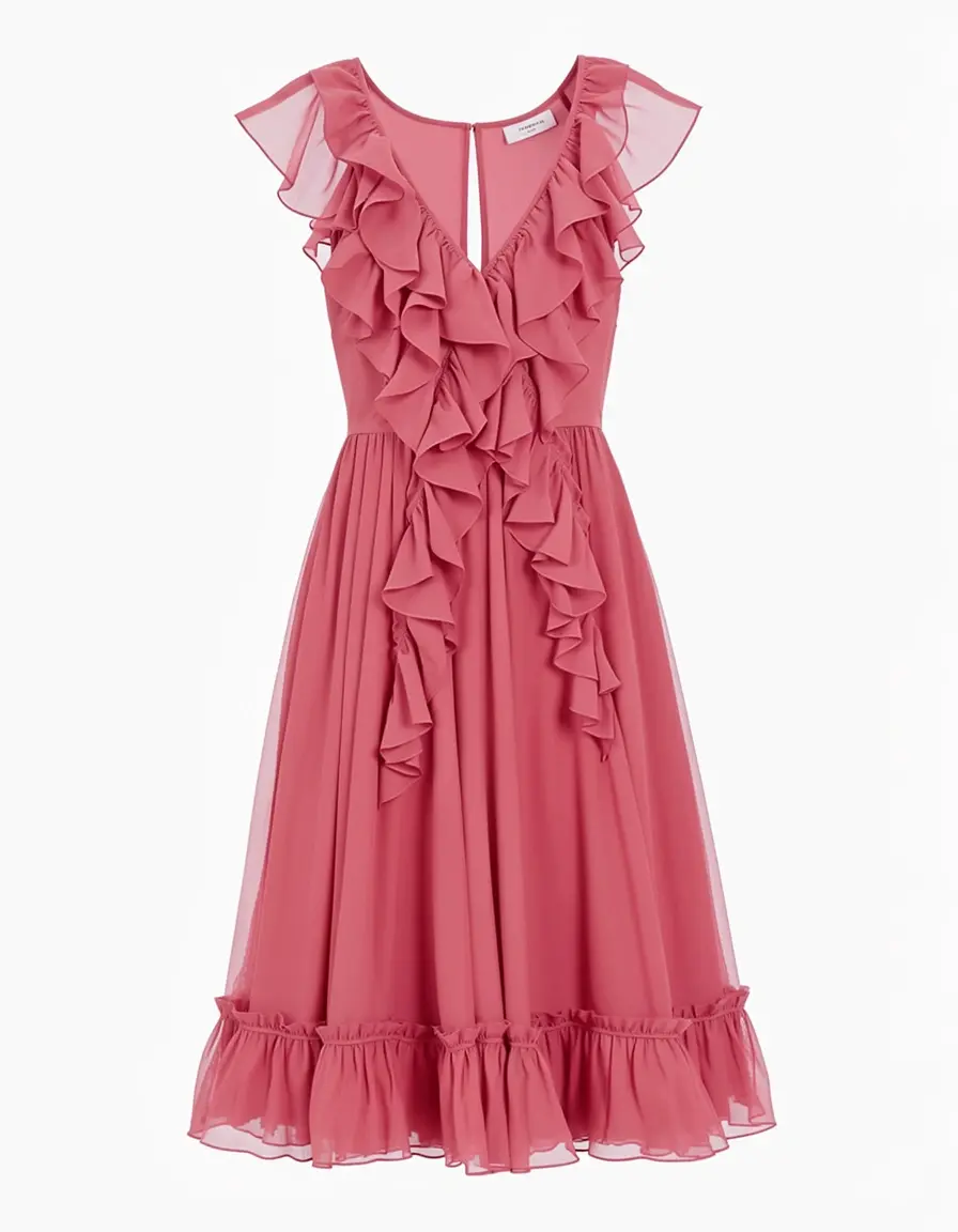 Rose Pink Chiffon Kleid mit Rüschen