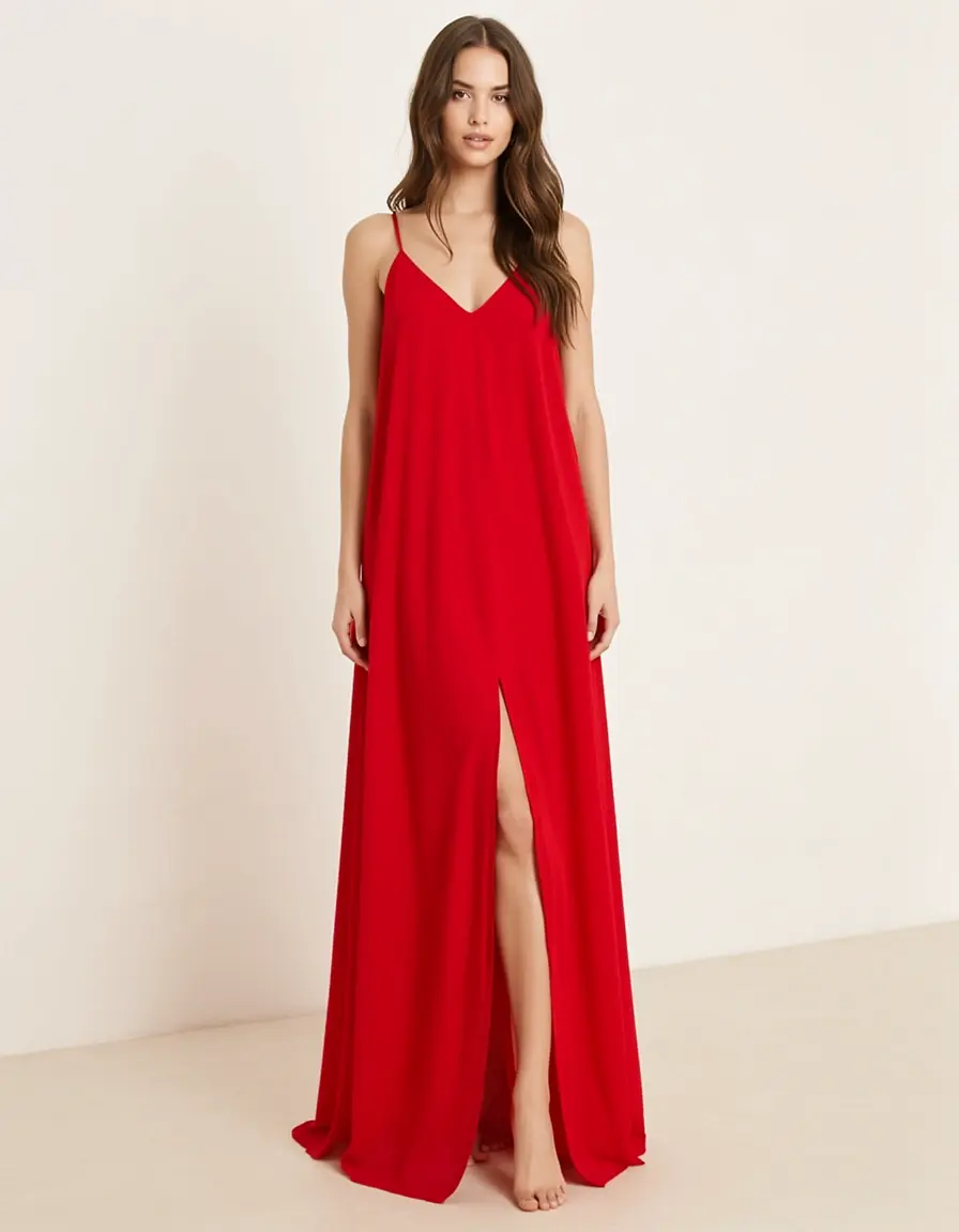 Rotes Maxikleid aus Chiffon mit Schlitz