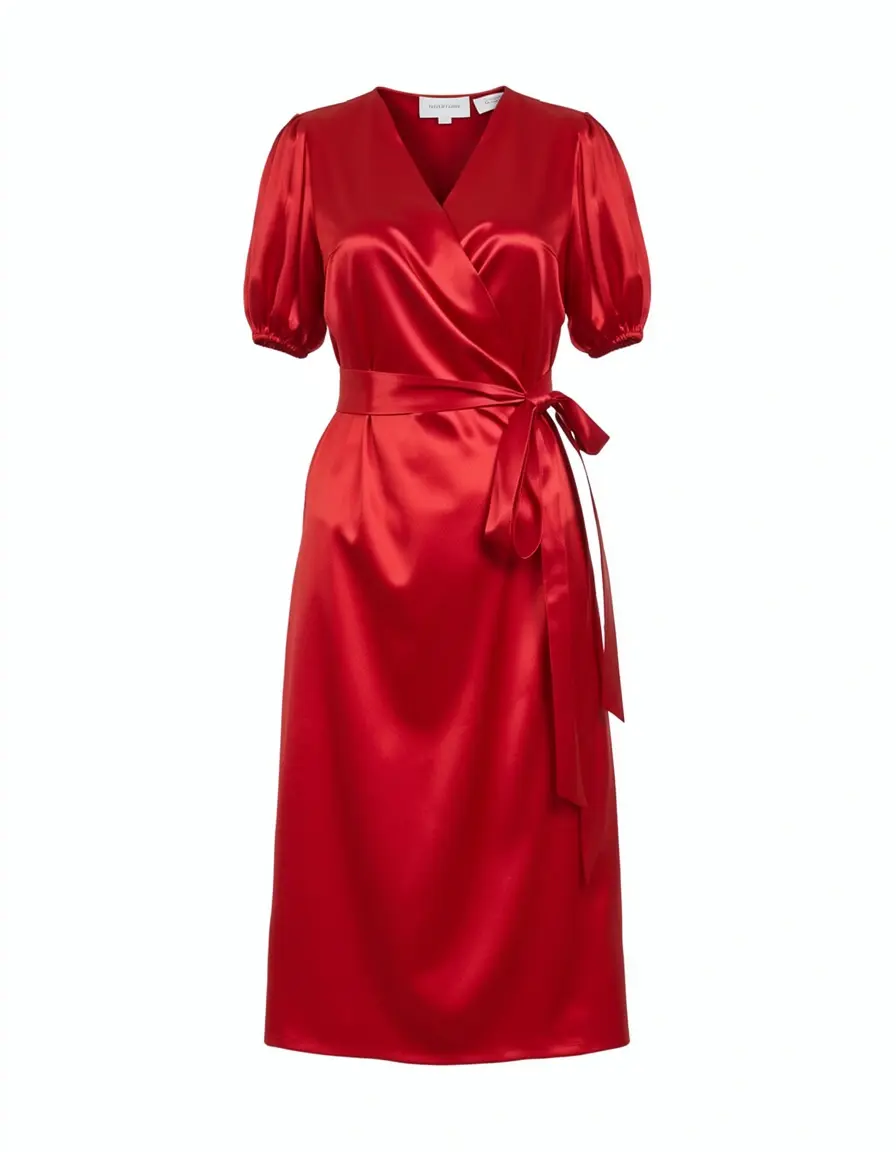 Rotes Satin-Wickelkleid mit Taillengürtel