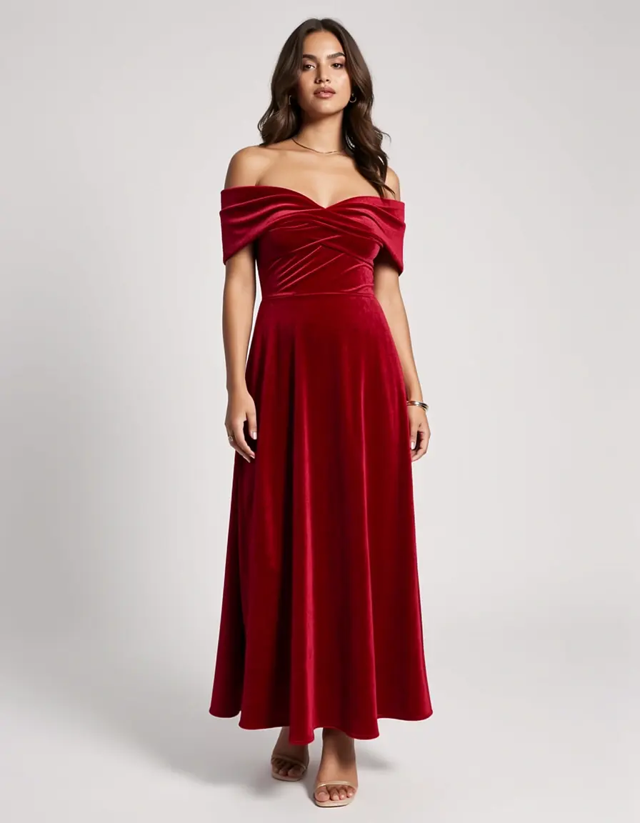 Schulterfreies rotes Samtkleid für festliche Anlässe