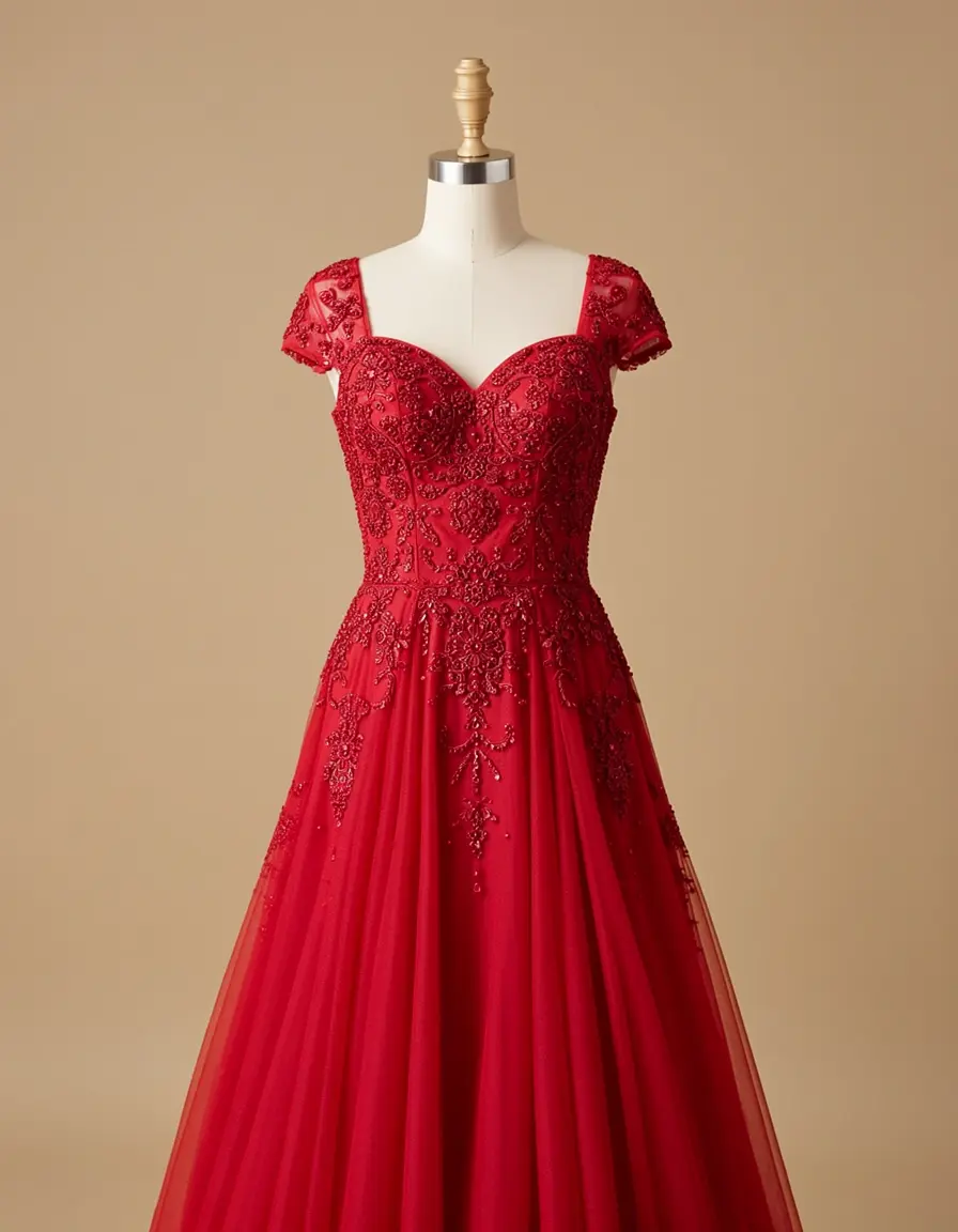 Besticktes rotes Abendkleid mit Perlen
