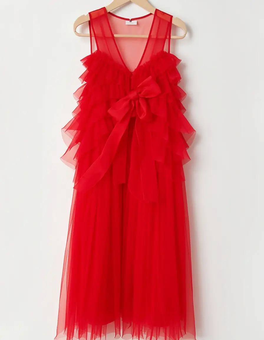 Rotes Organza-Kleid mit Rüschen und Schleife