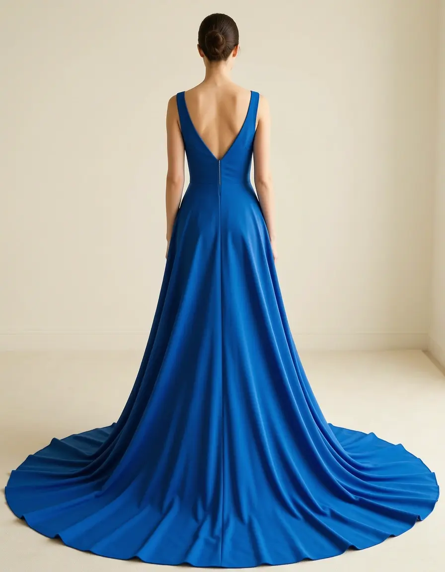 Blaues rückenfreies Abendkleid mit Schleppe