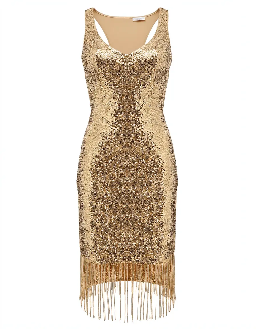 Goldenes rückenfreies Paillettenkleid mit Fransen