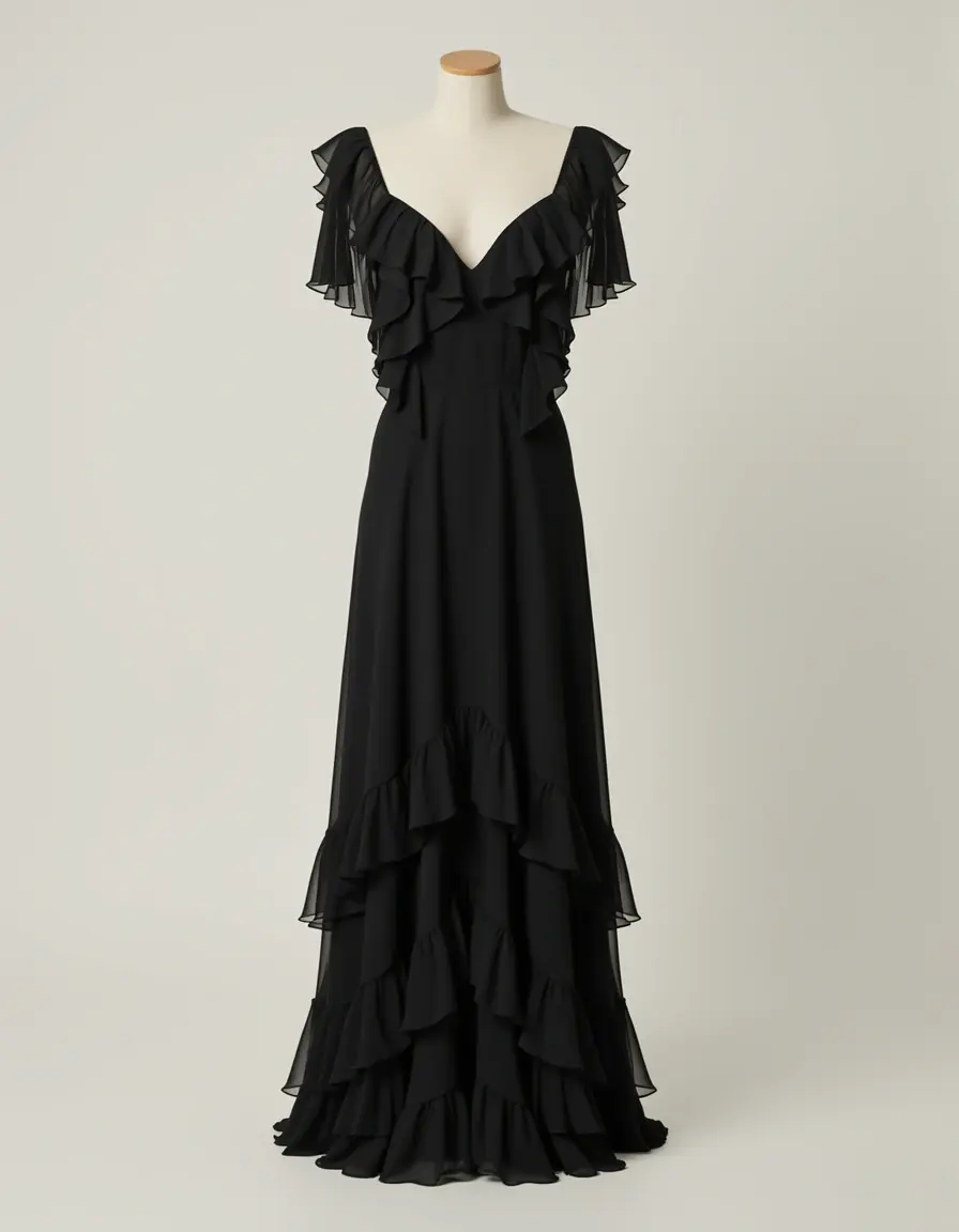 Elegantes schwarzes Chiffonkleid mit Rüschen