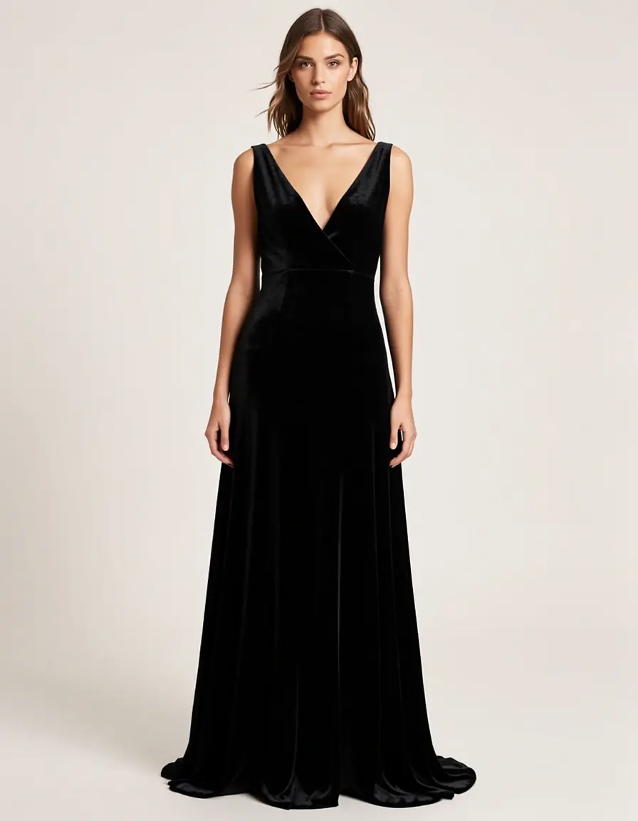 Elegantes schwarzes Samtkleid mit V-Ausschnitt