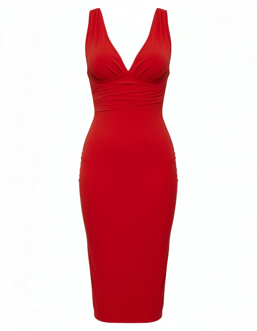 Rotes figurbetontes Kleid mit tiefem Ausschnitt