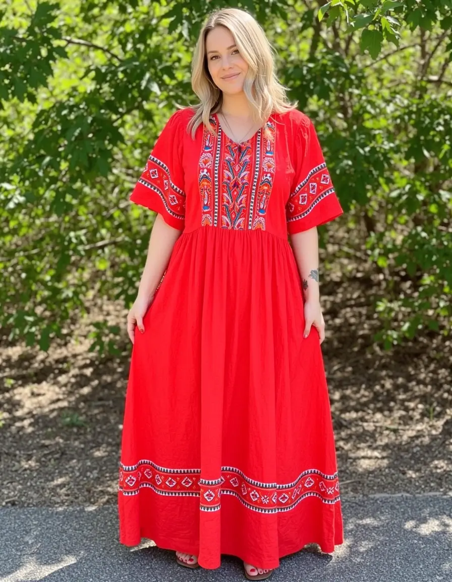 Rotes Boho Sommerkleid mit Stickerei