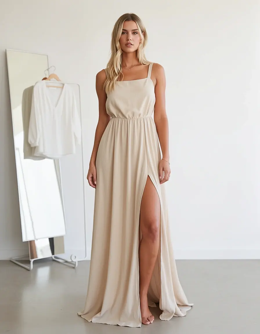 Beiges Chiffon Sommerkleid mit Schlitz