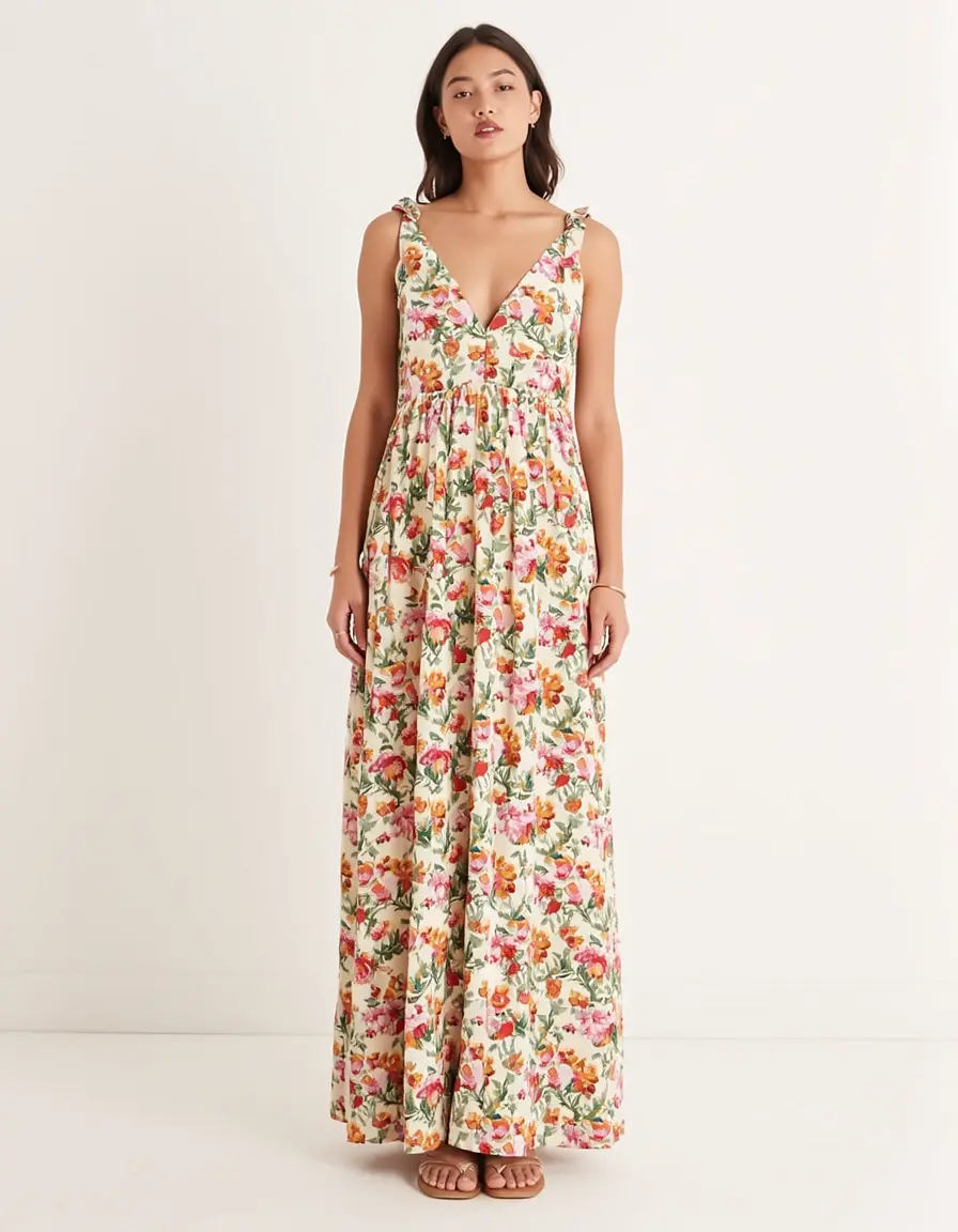Langes florales Sommerkleid mit V-Ausschnitt
